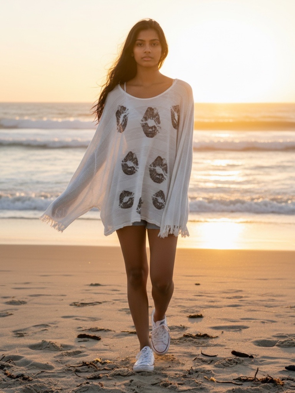 Revolve Lauren Moshi White sheer Knit Coverup lips kiss 💋 gauzy medium/large